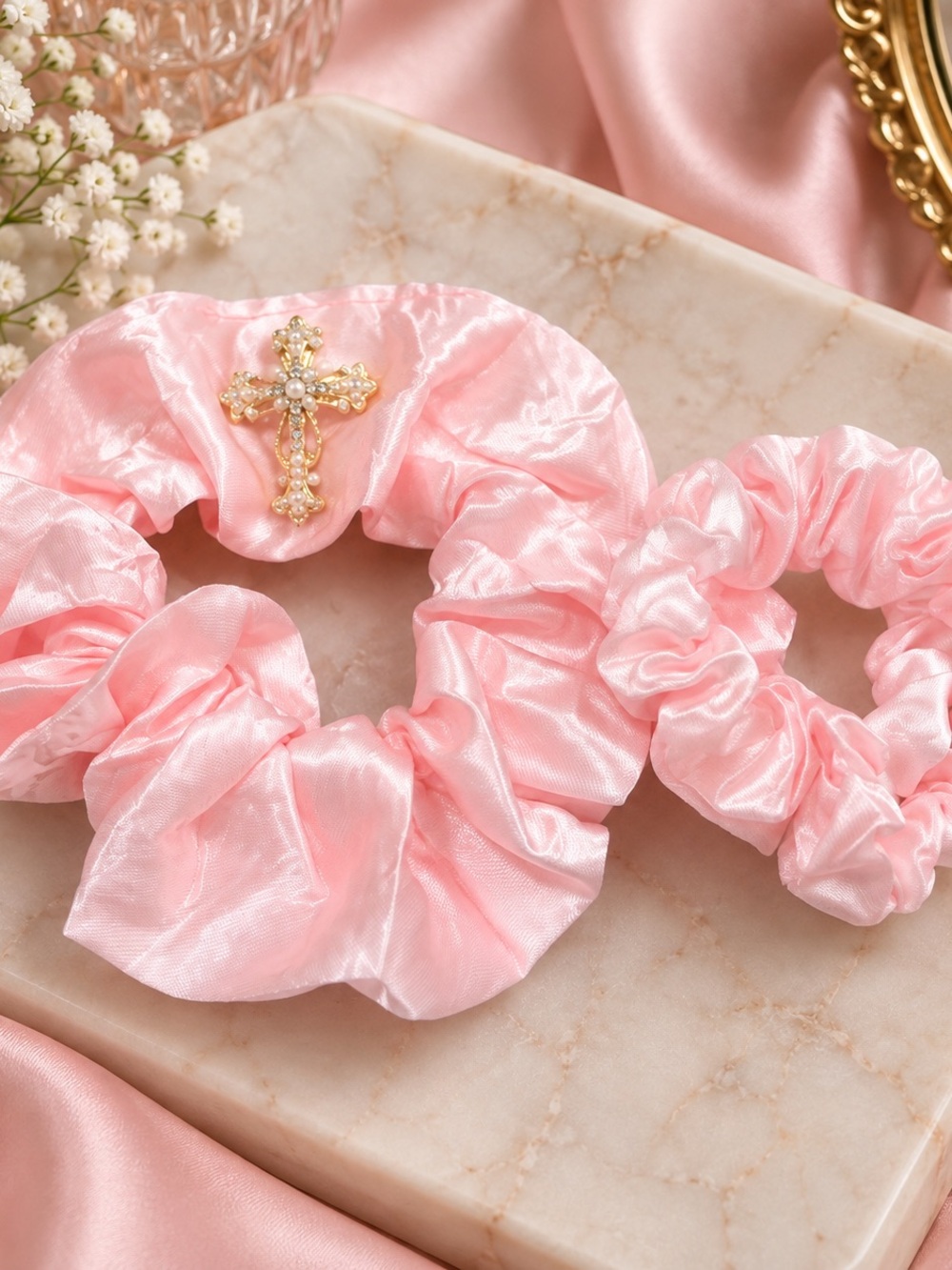 Pink Satin Scrunchie Set Pearl Cross Coquette Hair Accessory